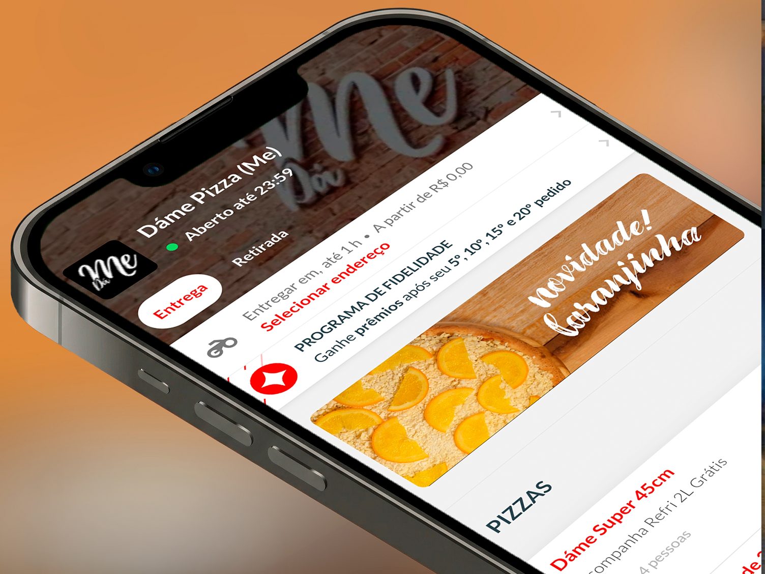 Cardapio digital de pizzaria no celular, com programa de fidelidade em destaque