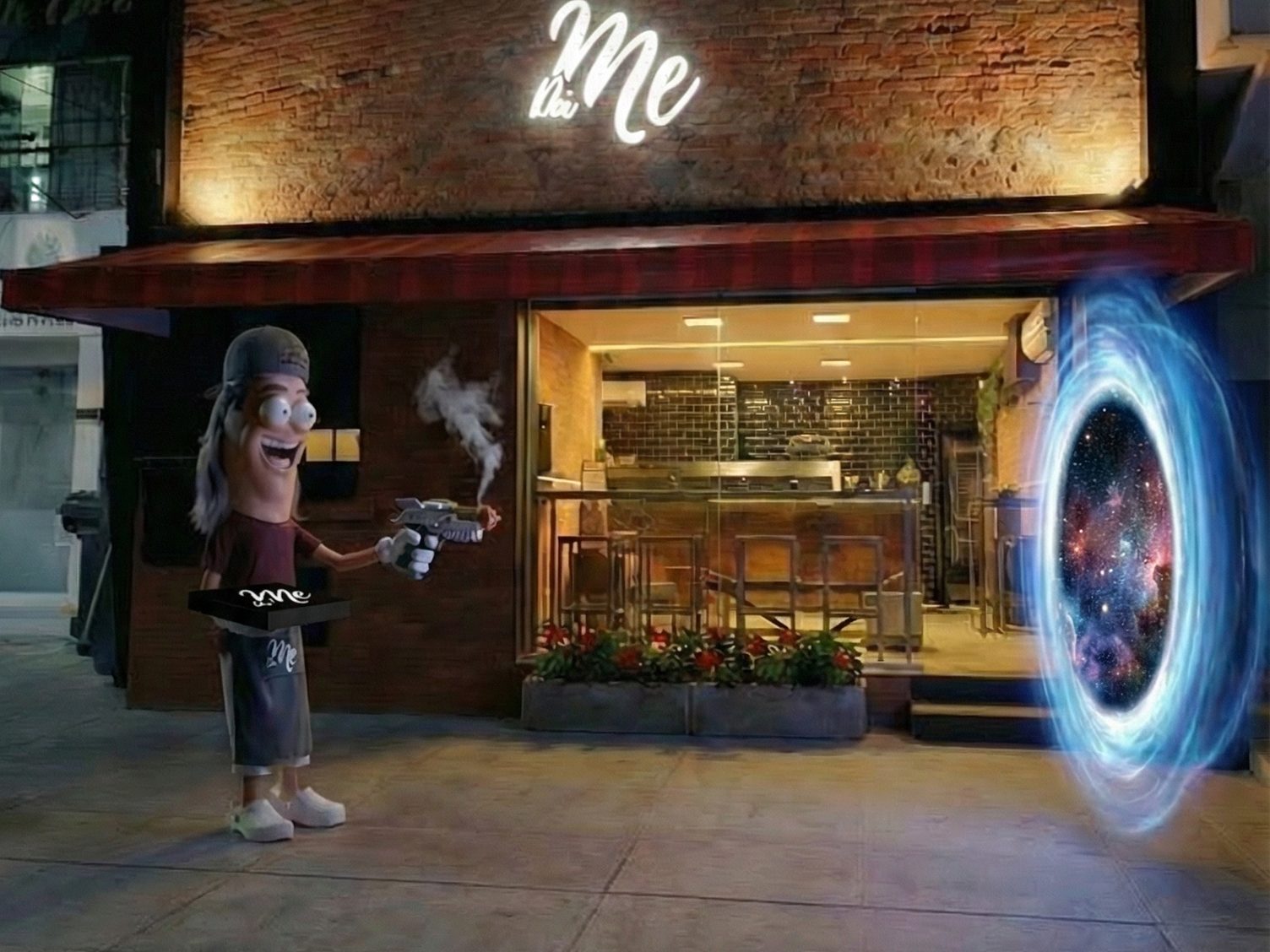 Mascote 3D em cena noturna de fachada de loja, com portal de ficção científica